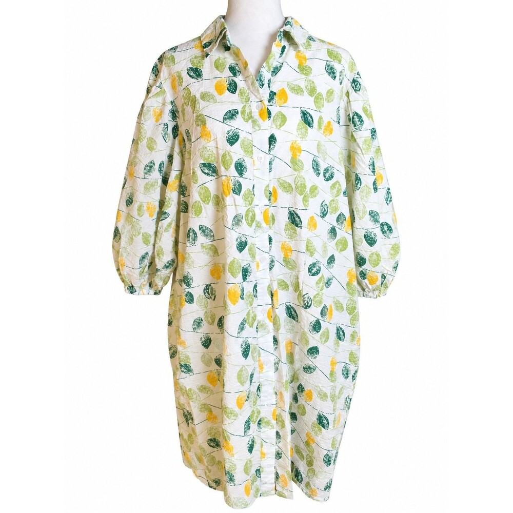 Stitchdrop 100% Cotton Lemon Print Button Front Midi Shirt Dress Size XL